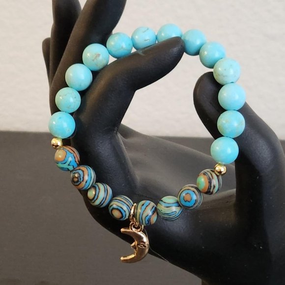 Blue African Turquoise, Blue Malachite Stretchy Bracelet - Picture 1 of 4